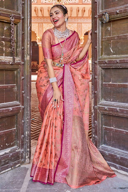 Load image into Gallery viewer, Opulent Peach Soft Banarasi Silk Saree With Flamboyant Blouse Piece
