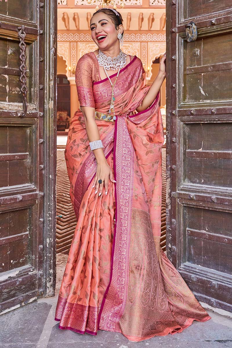 Opulent Peach Soft Banarasi Silk Saree With Flamboyant Blouse Piece