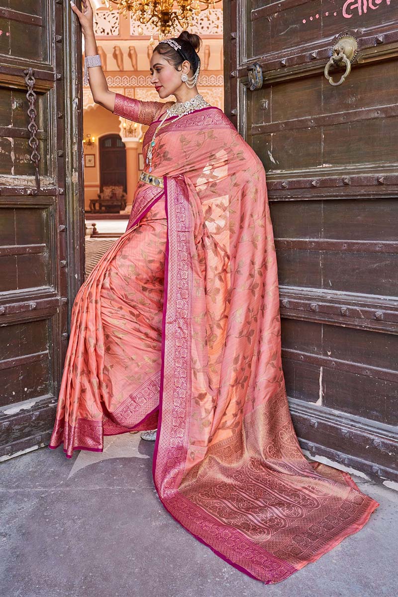 Opulent Peach Soft Banarasi Silk Saree With Flamboyant Blouse Piece