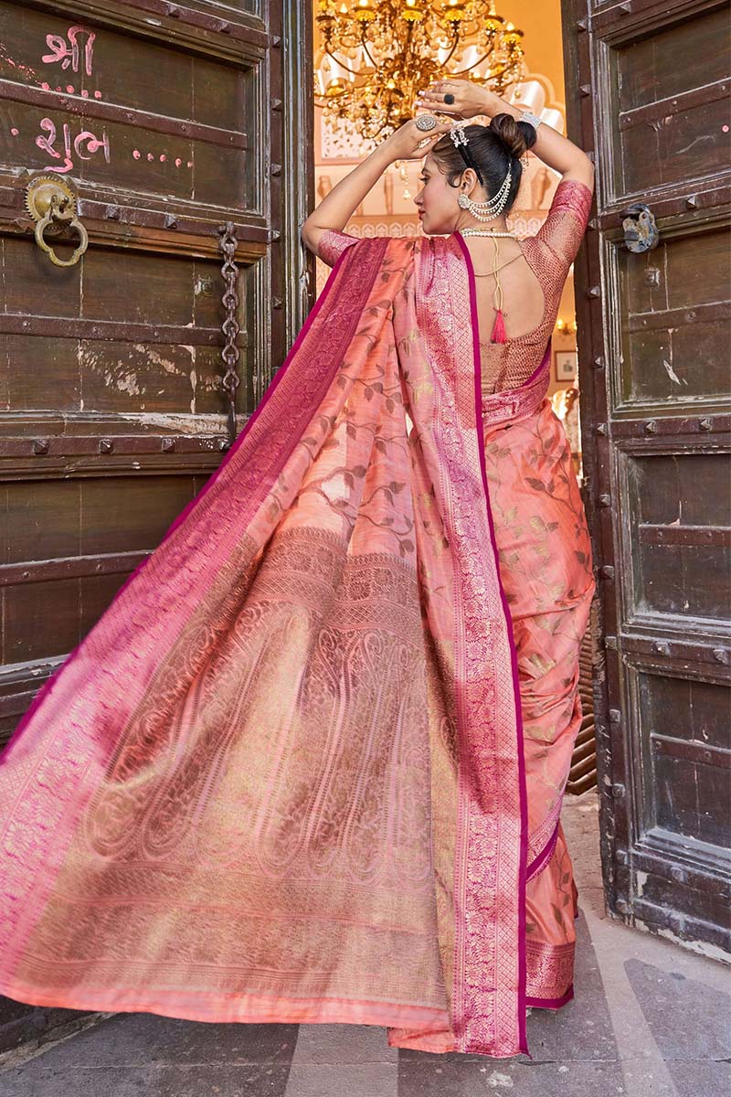 Opulent Peach Soft Banarasi Silk Saree With Flamboyant Blouse Piece