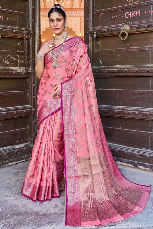 Load image into Gallery viewer, Breathtaking Pink Soft Banarasi Silk Saree With Prominent Blouse Piece
