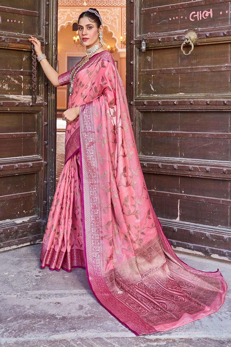 Breathtaking Pink Soft Banarasi Silk Saree With Prominent Blouse Piece