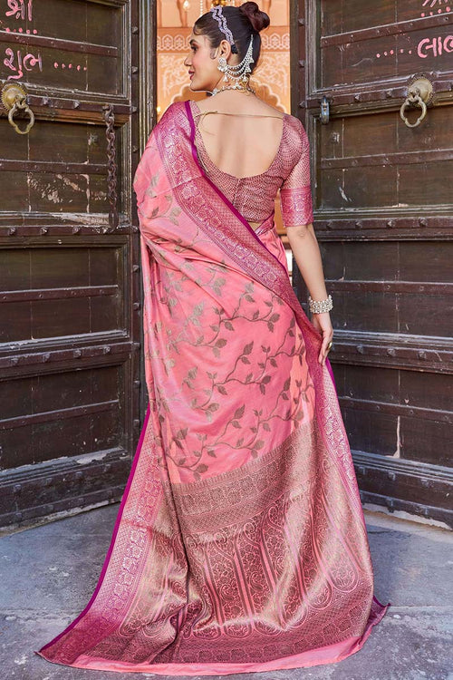 Load image into Gallery viewer, Breathtaking Pink Soft Banarasi Silk Saree With Prominent Blouse Piece
