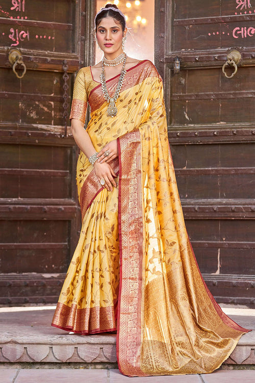 Load image into Gallery viewer, Blooming Yellow Soft Banarasi Silk Saree With Preferable Blouse Piece
