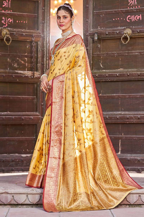 Load image into Gallery viewer, Blooming Yellow Soft Banarasi Silk Saree With Preferable Blouse Piece
