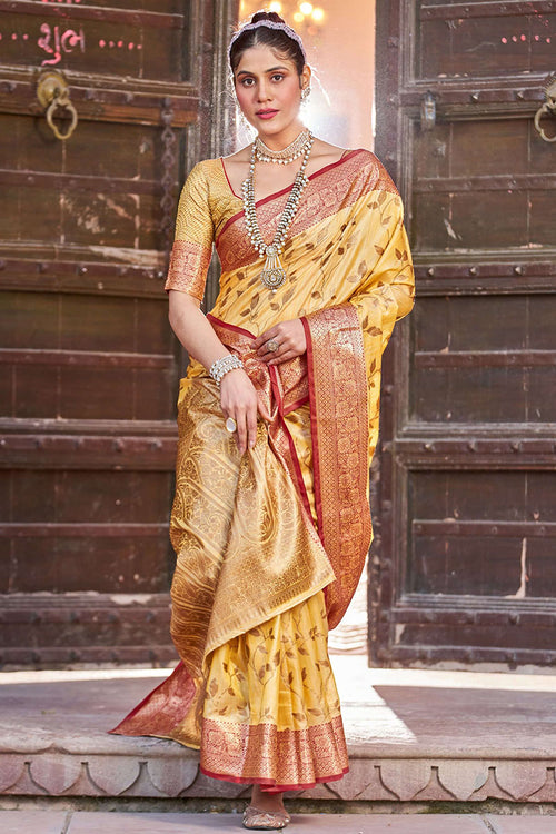 Load image into Gallery viewer, Blooming Yellow Soft Banarasi Silk Saree With Preferable Blouse Piece
