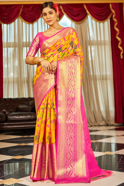 Load image into Gallery viewer, Groovy Yellow Soft Banarasi Silk Saree With Entrancing Blouse Piece
