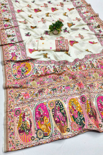 Gorgeous Beige Nylon Dola Pashmina Saree With Prodigal Blouse Piece