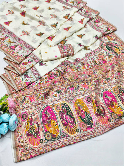 Gorgeous Beige Nylon Dola Pashmina Saree With Prodigal Blouse Piece