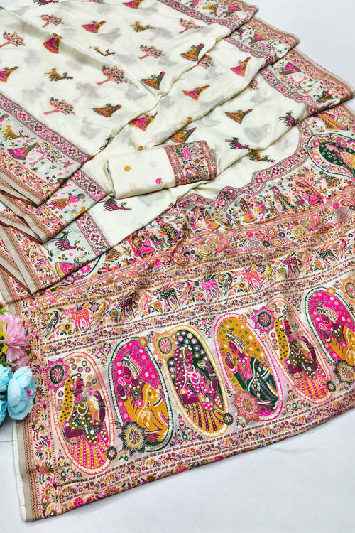 Load image into Gallery viewer, Gorgeous Beige Nylon Dola Pashmina Saree With Prodigal Blouse Piece
