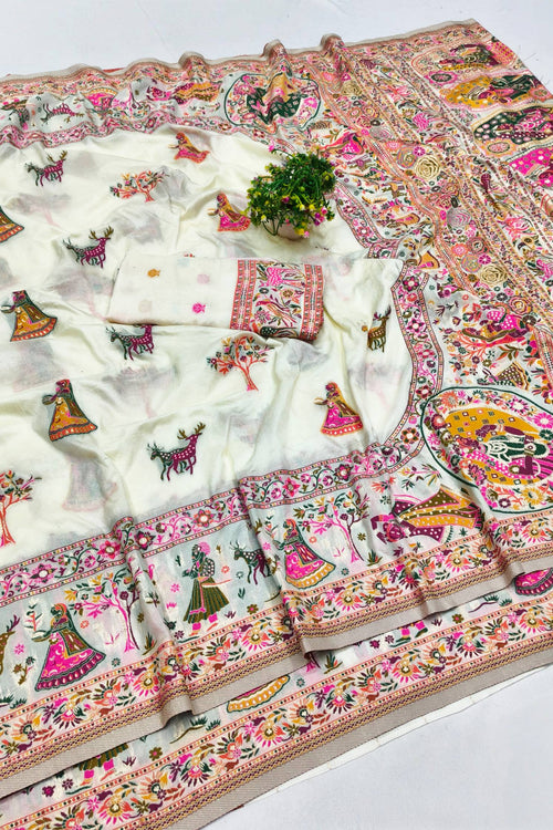 Load image into Gallery viewer, Gorgeous Beige Nylon Dola Pashmina Saree With Prodigal Blouse Piece
