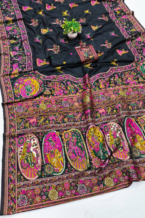 Load image into Gallery viewer, Confounding Black Nylon Dola Pashmina Saree With Scintillating Blouse Piece
