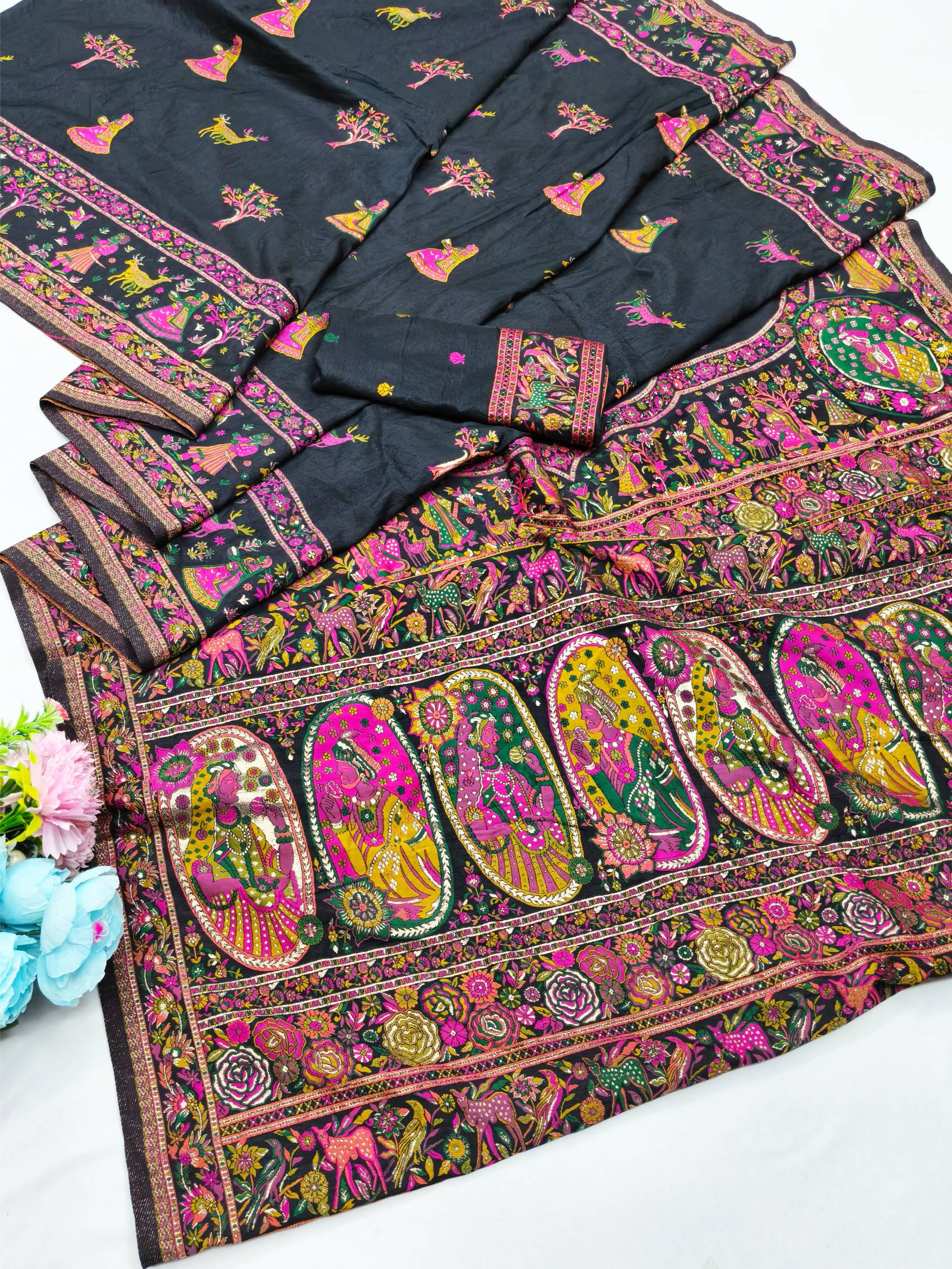 Confounding Black Nylon Dola Pashmina Saree With Scintillating Blouse Piece