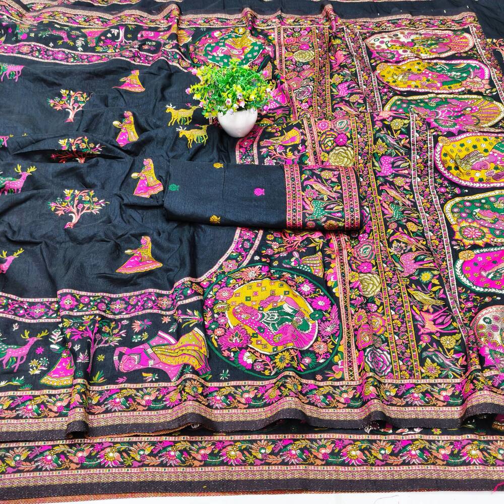 Confounding Black Nylon Dola Pashmina Saree With Scintillating Blouse Piece