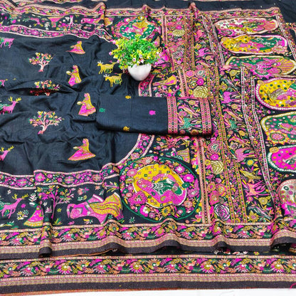 Confounding Black Nylon Dola Pashmina Saree With Scintillating Blouse Piece