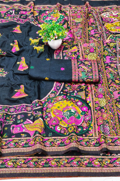 Load image into Gallery viewer, Confounding Black Nylon Dola Pashmina Saree With Scintillating Blouse Piece
