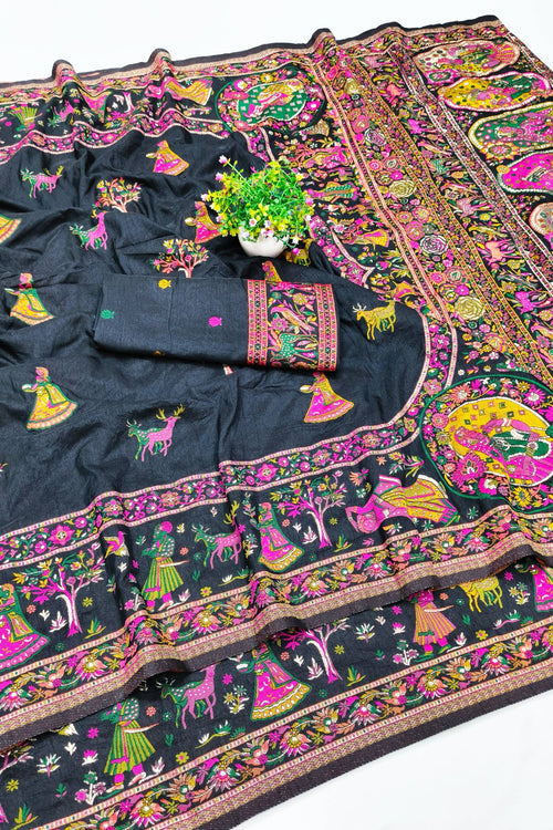 Load image into Gallery viewer, Confounding Black Nylon Dola Pashmina Saree With Scintillating Blouse Piece
