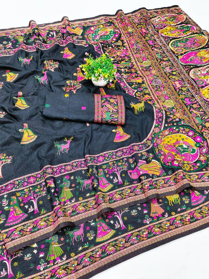 Confounding Black Nylon Dola Pashmina Saree With Scintillating Blouse Piece