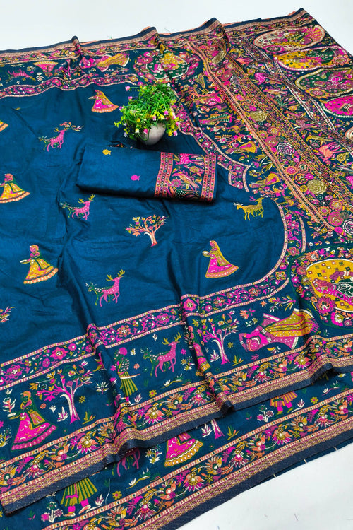 Load image into Gallery viewer, Flattering Blue Nylon Dola Pashmina Saree With Effulgent Blouse Piece
