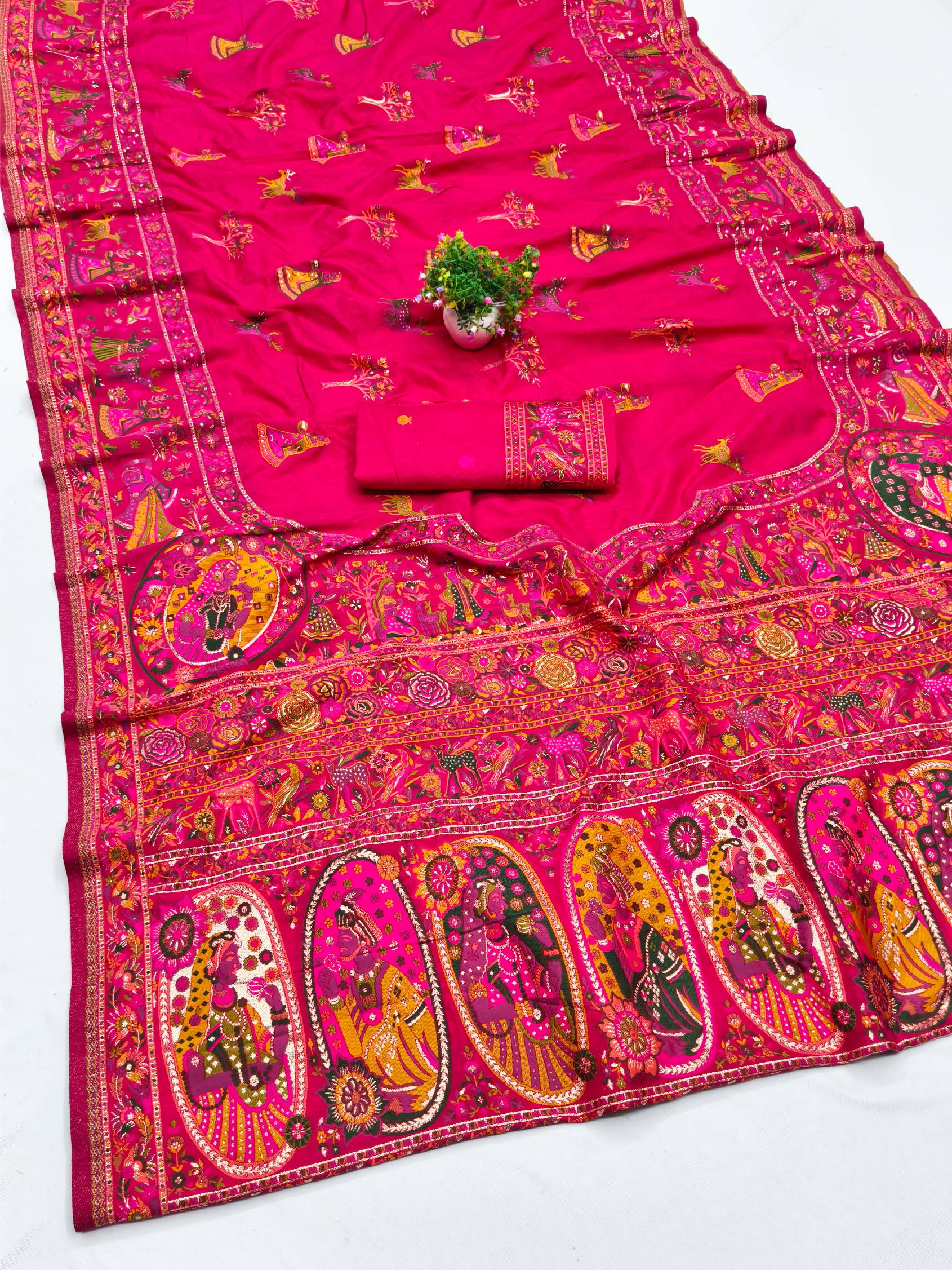 Snazzy Dark Pink Nylon Dola Pashmina Saree With Energetic Blouse Piece