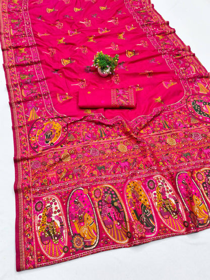 Snazzy Dark Pink Nylon Dola Pashmina Saree With Energetic Blouse Piece