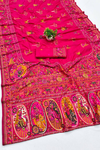 Snazzy Dark Pink Nylon Dola Pashmina Saree With Energetic Blouse Piece