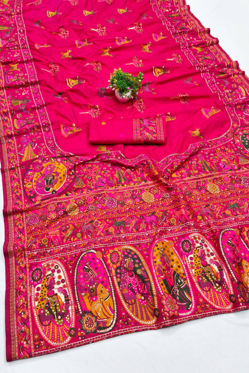 Load image into Gallery viewer, Snazzy Dark Pink Nylon Dola Pashmina Saree With Energetic Blouse Piece
