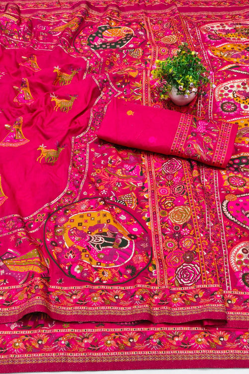 Load image into Gallery viewer, Snazzy Dark Pink Nylon Dola Pashmina Saree With Energetic Blouse Piece
