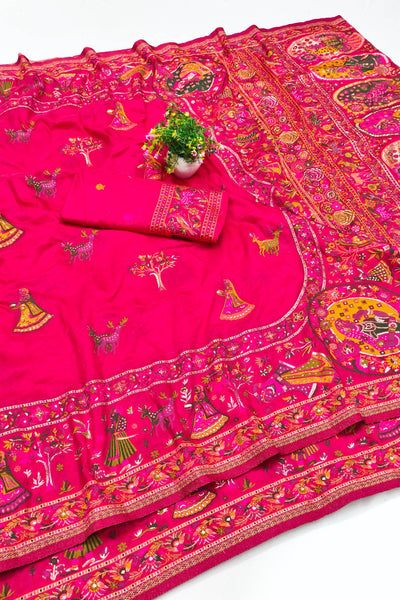 Snazzy Dark Pink Nylon Dola Pashmina Saree With Energetic Blouse Piece