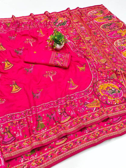 Snazzy Dark Pink Nylon Dola Pashmina Saree With Energetic Blouse Piece