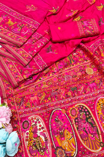 Snazzy Dark Pink Nylon Dola Pashmina Saree With Energetic Blouse Piece