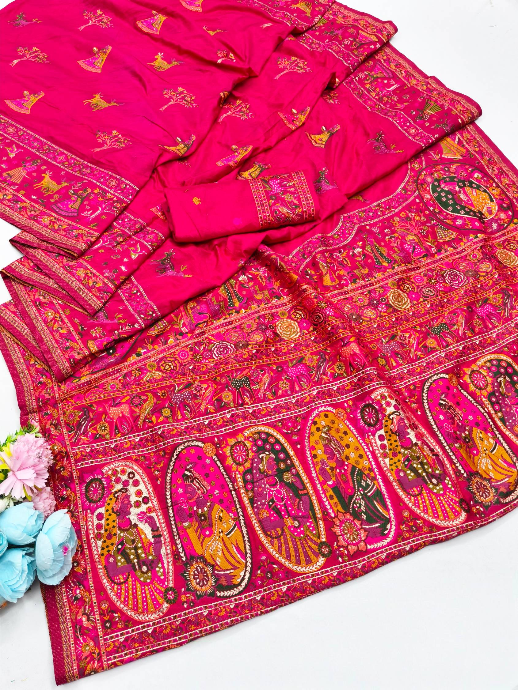 Snazzy Dark Pink Nylon Dola Pashmina Saree With Energetic Blouse Piece