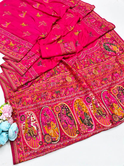 Snazzy Dark Pink Nylon Dola Pashmina Saree With Energetic Blouse Piece