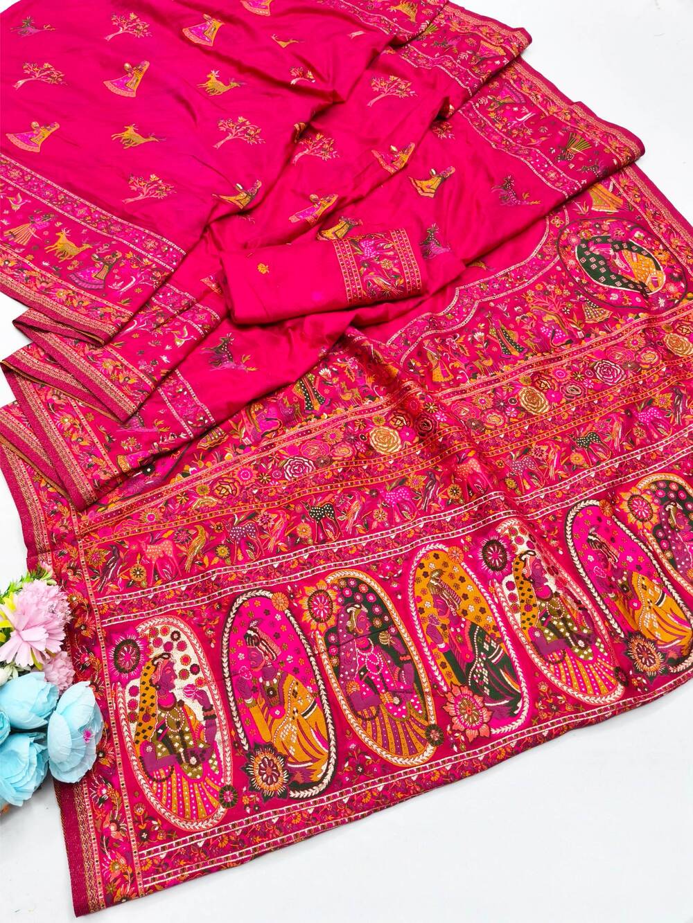 Snazzy Dark Pink Nylon Dola Pashmina Saree With Energetic Blouse Piece