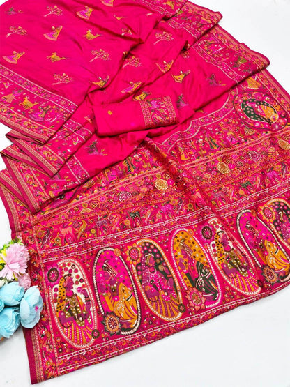 Snazzy Dark Pink Nylon Dola Pashmina Saree With Energetic Blouse Piece