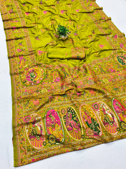 Proficient Mehandi Nylon Dola Pashmina Saree With Rhapsody Blouse Piece