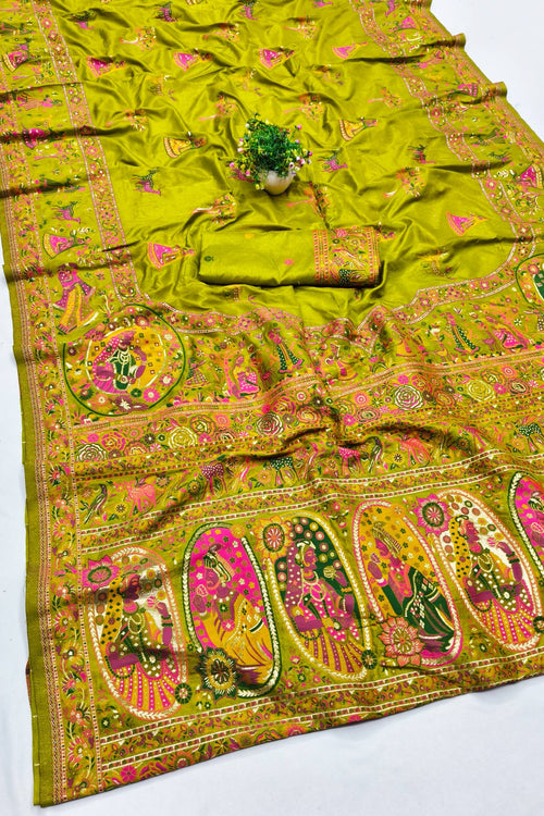 Load image into Gallery viewer, Proficient Mehandi Nylon Dola Pashmina Saree With Rhapsody Blouse Piece
