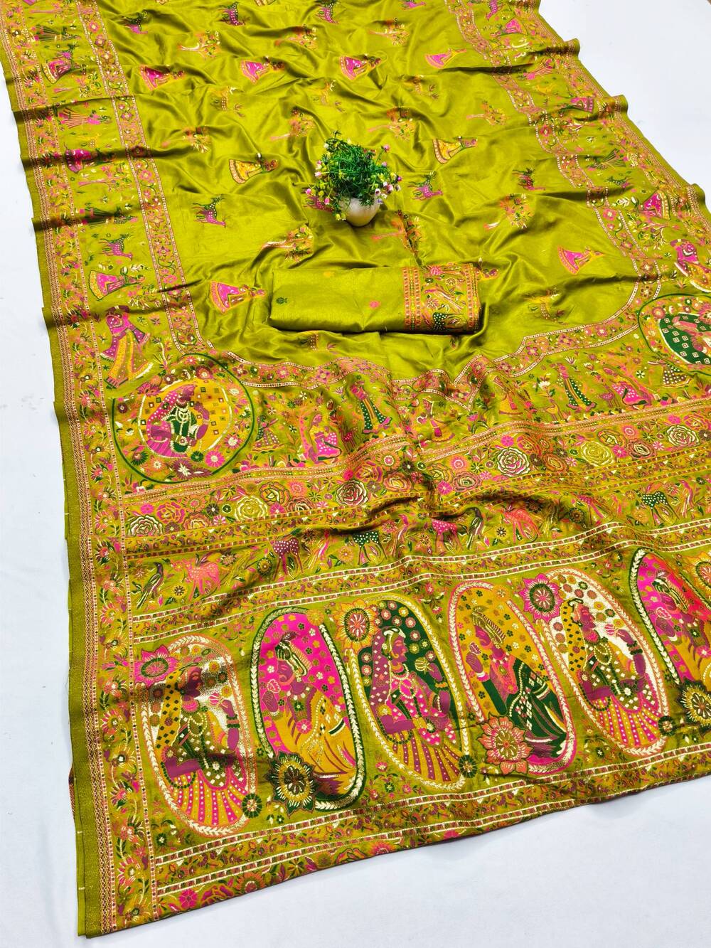 Proficient Mehndi Nylon Dola Pashmina Saree With Rhapsody Blouse Piece