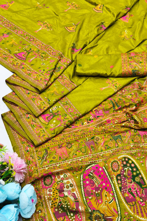 Load image into Gallery viewer, Proficient Mehandi Nylon Dola Pashmina Saree With Rhapsody Blouse Piece
