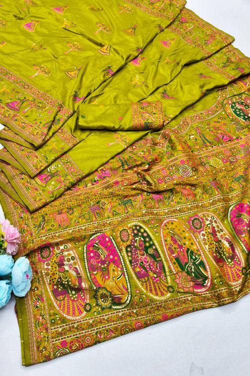 Load image into Gallery viewer, Proficient Mehandi Nylon Dola Pashmina Saree With Rhapsody Blouse Piece
