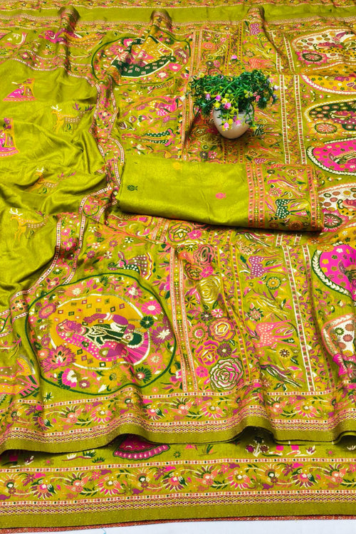 Load image into Gallery viewer, Proficient Mehandi Nylon Dola Pashmina Saree With Rhapsody Blouse Piece
