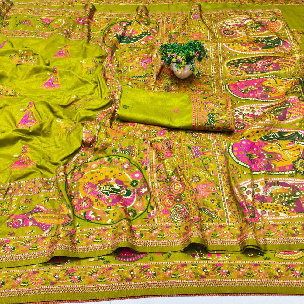 Proficient Mehndi Nylon Dola Pashmina Saree With Rhapsody Blouse Piece