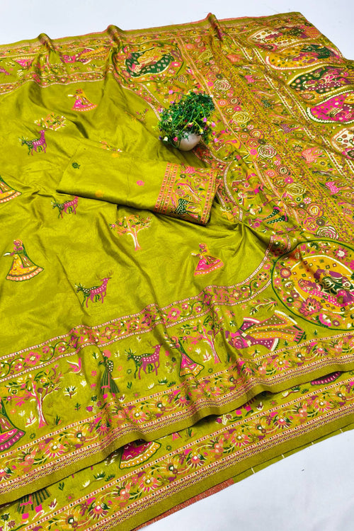 Load image into Gallery viewer, Proficient Mehandi Nylon Dola Pashmina Saree With Rhapsody Blouse Piece
