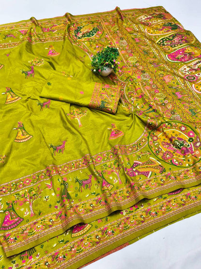 Proficient Mehndi Nylon Dola Pashmina Saree With Rhapsody Blouse Piece