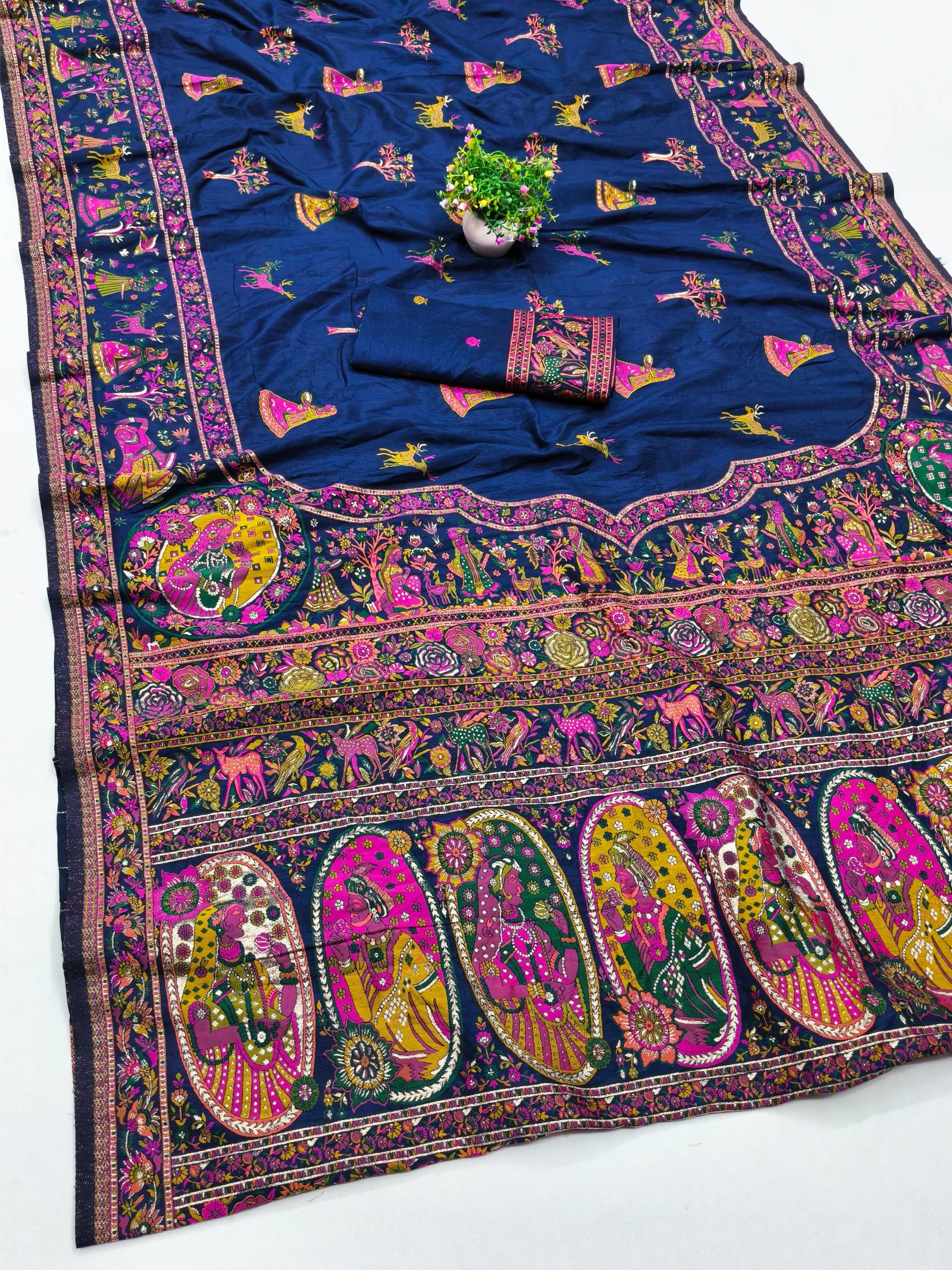 Scrumptious Navy Blue Nylon Dola Pashmina Saree With Felicitous Blouse Piece