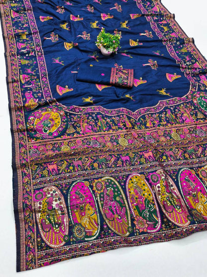 Scrumptious Navy Blue Nylon Dola Pashmina Saree With Felicitous Blouse Piece