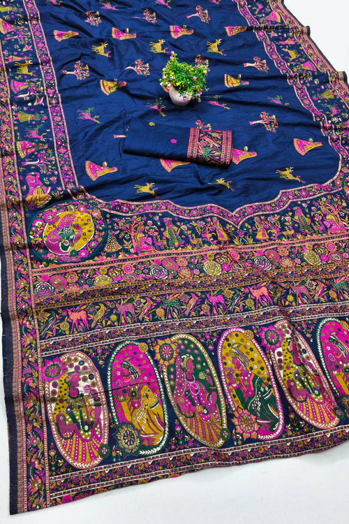 Load image into Gallery viewer, Scrumptious Navy Blue Nylon Dola Pashmina Saree With Felicitous Blouse Piece
