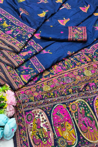 Scrumptious Navy Blue Nylon Dola Pashmina Saree With Felicitous Blouse Piece