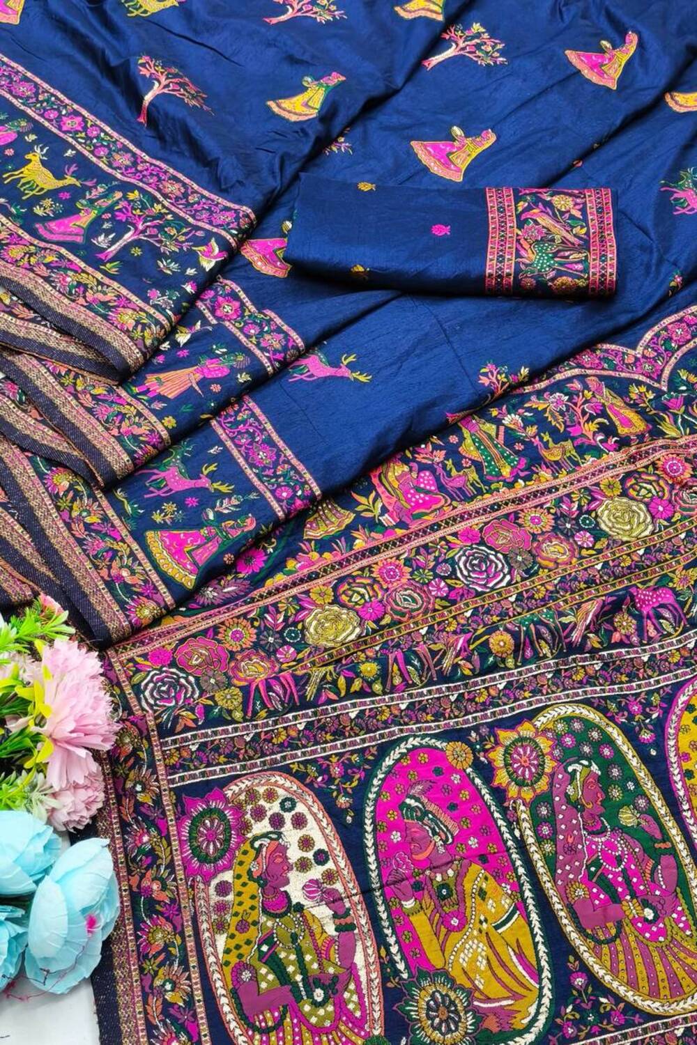 Scrumptious Navy Blue Nylon Dola Pashmina Saree With Felicitous Blouse Piece