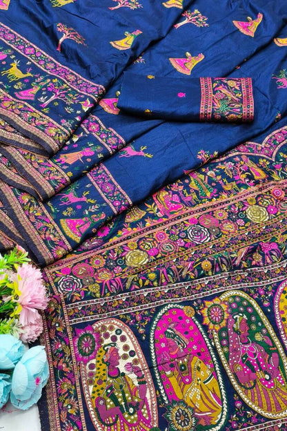 Scrumptious Navy Blue Nylon Dola Pashmina Saree With Felicitous Blouse Piece